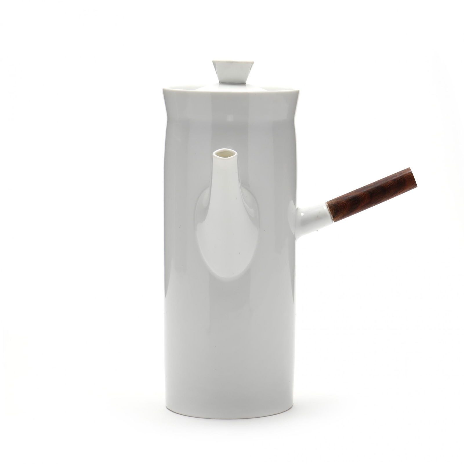 Lagardo Tackett & Kenji Fujita: Lagardo Tackett & Kenji Fujita, Porcelain Coffee Pot1953-1956, white glazed porcelain with wood handle and lid, marked to underside. 10 3/4 in. Additional high-resolution photos are available at www.