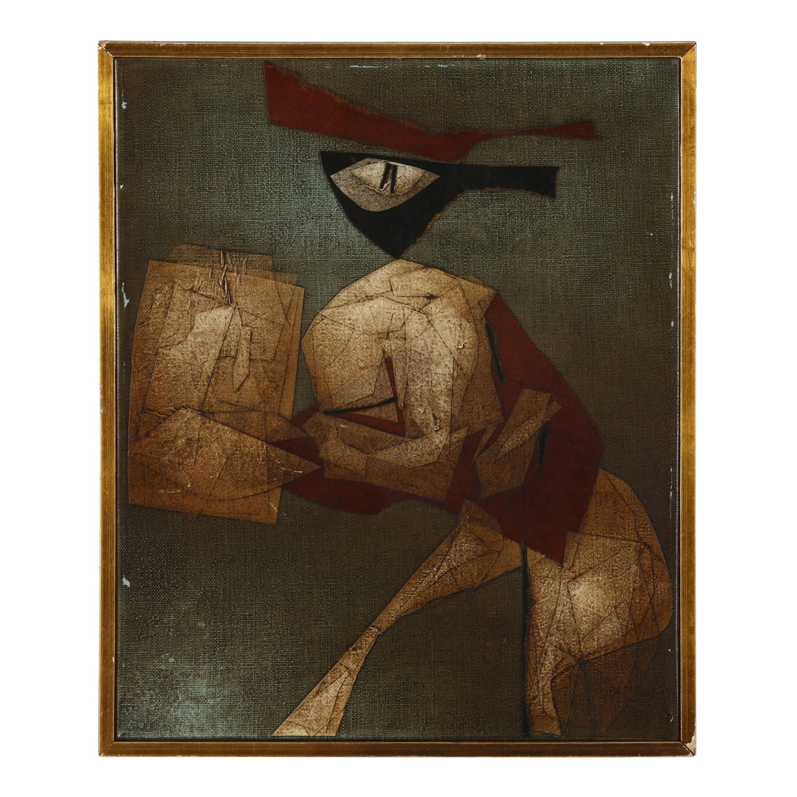 Victor Chab (Argentinian: Victor Chab (Argentinian, b. 1930), Untitledoil and paper collage on canvas, 1966, signed and dated to verso, presented in the likely original frame. Frame dimensions 22 3/4 x 19 in. Private Collectio