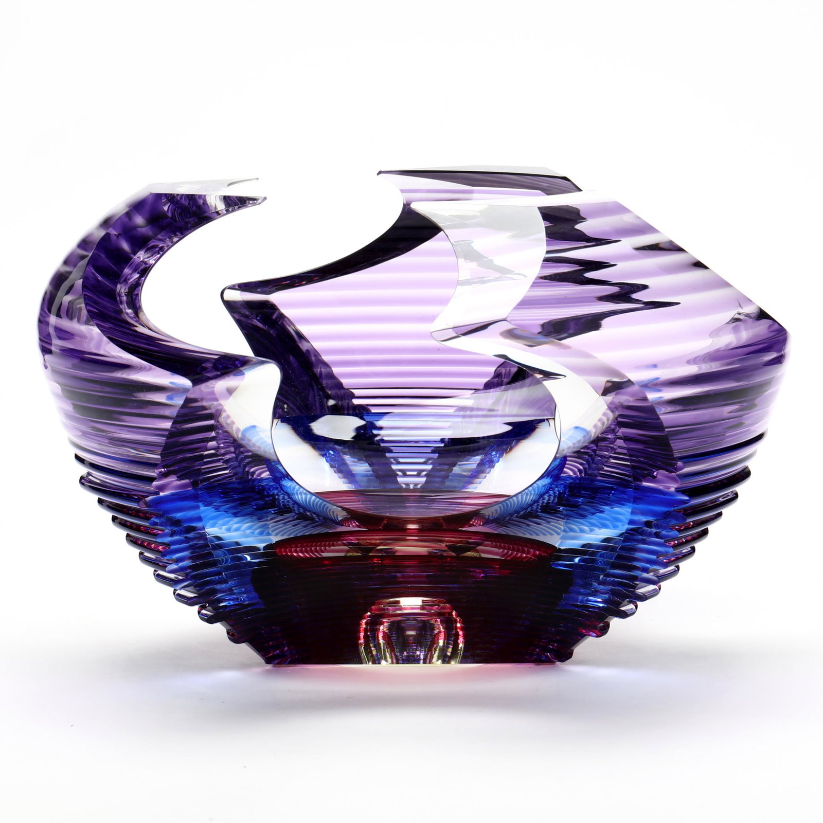 Karbler & David: Karbler & David, Art Glass SculptureKit Karbler and Michael David, contemporary, layered and cased yellow/cranberry/blue/purple linear geometric design with open faceted form, polished bottom with air