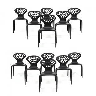 Ross Lovegrove (British: Ross Lovegrove (British, born 1958), Set of Twelve Supernatural Chairs2005, made in Italy by Moroso, black fiberglass reinforced polypropylene, pierced back and seat, stacking form, labeled to undersi