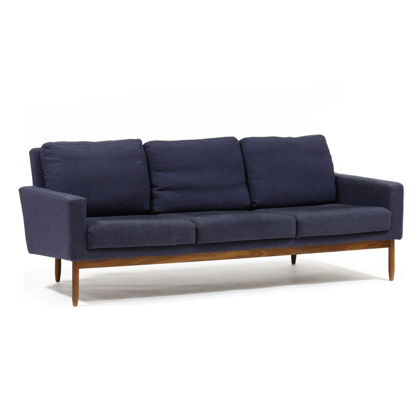 Bernett & Dodziuk: Bernett & Dodziuk, Raleigh Sofadesigned in 2009 for Design Within Reach by Jeffrey Bernett and Nicholas Dodziuk, blue fabric upholstery, loose down-filled cushions, walnut frame, appears unmarked. 32