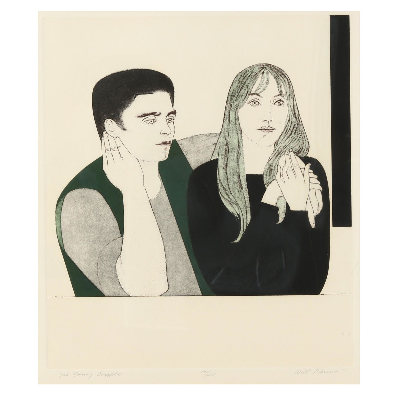 Will Barnet (American: Will Barnet (American, 1911-2012), The Young Coupleetching and aquatint in colors, 1971, pencil signed, titled, and numbered 171/225 lower margin, matted and framed. Platemark 17 3/4 x 15 1/2 in.; Fra