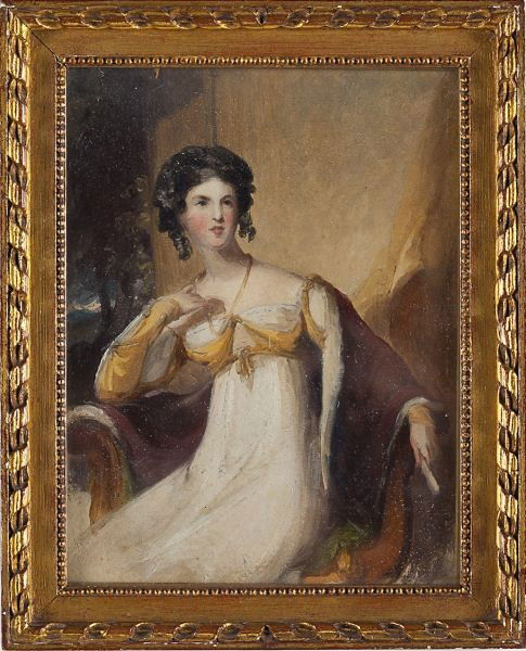Thomas Sully (PA, 1783-1872), Portrait Study: Thomas Sully (PA, 1783-1872), Portrait Studyoil and graphite on paper laid on board, three quarter length portrait of a woman in an empire gown with red wrap, likely painted circa 1820, housed in gilt
