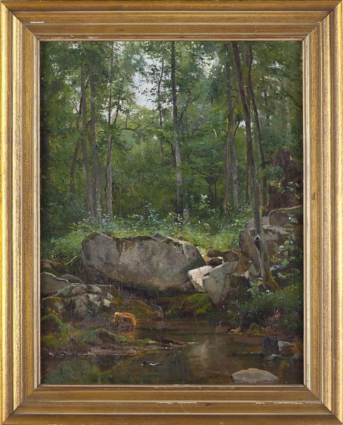 Hugh Bolton Jones (NY/MD, 1848-1927), Forest: Hugh Bolton Jones (NY/MD, 1848-1927), Forestoil on canvas (lined), unsigned, retaining old paper label on the verso reading "112 Small Upright Landscape / H. Bolton Jones," presented in a later frame.