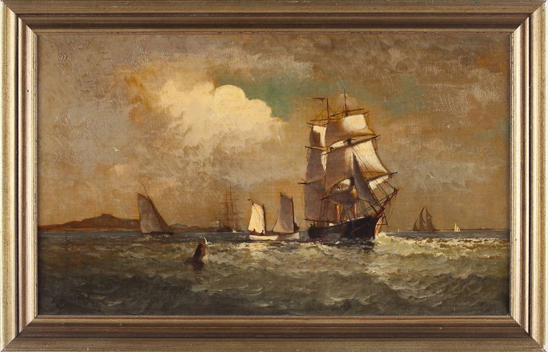 Marshall Johnson, Jr. (MA, 1850-1921), Ships: Marshall Johnson, Jr. (MA, 1850-1921), Shipsoil on canvas, signed and dated at lower left "M. Johnson Jr. '81," presented in a later frame. SS 11.75 x 19.75 in.; DOA 14.75 x 22.75 in.Private Collectio