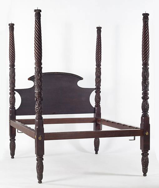 American Classical Carved Tall Post Bed: American Classical Carved Tall Post Bedcirca 1830, the shaped headboard with applied gadrooned crest, the posts carved with spiral twist design over acanthus leaves, the feet are tapering and embellis