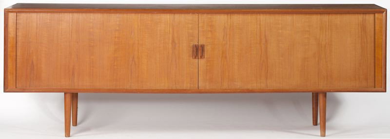 att. Kai Kristiansen, Danish Modern Sideboard: att. Kai Kristiansen, Danish Modern Sideboard Copenhagen, tambour front sideboard with shelved and drawer interior, raised on four tapered turned legs. 31 x 90.5 x 19 in. Fine craftsmanship to the tam