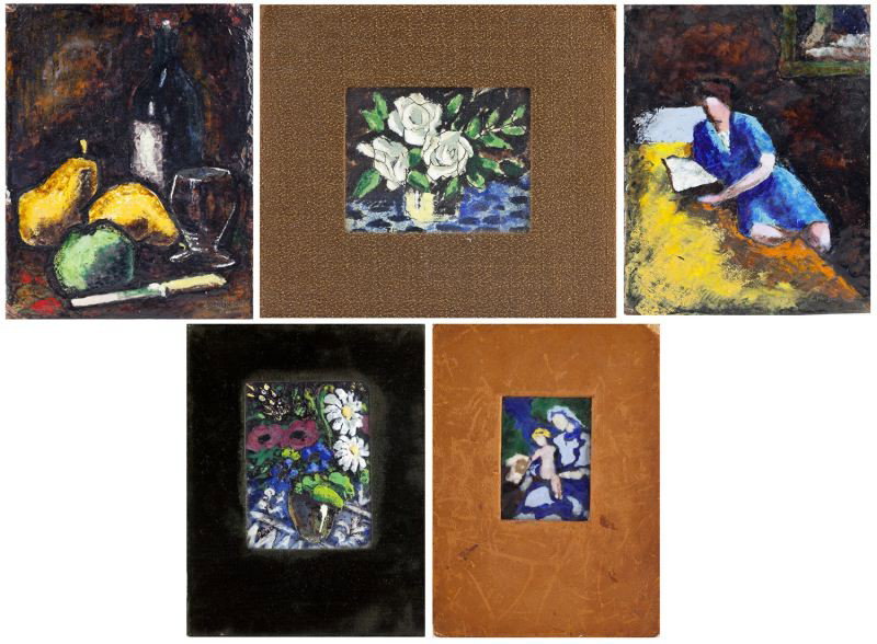 Five Paul Mergier Enamel Panels: Five Paul Mergier Enamel Panels (French, 1891-1986) each panel of colored enamels over copper plate; the first of a woman reclining on a bed with book, etch signed lower right "P. Mergier" and upper l