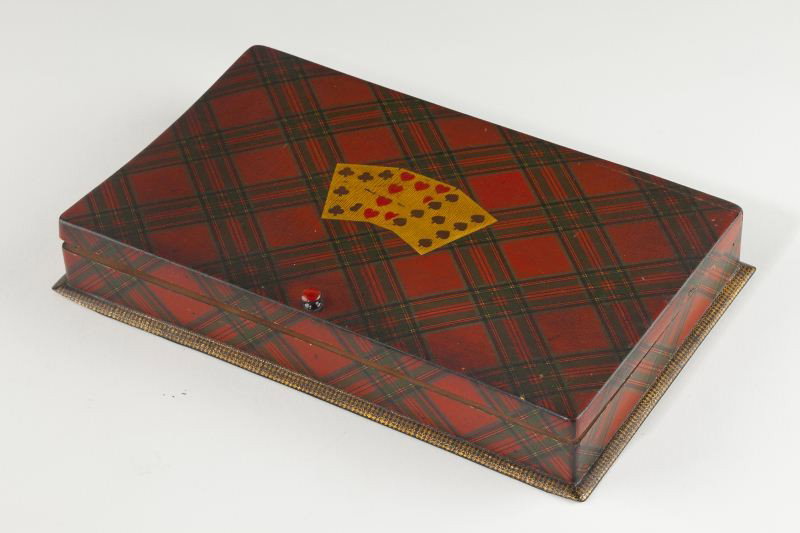 Antique Tartanware Sewing Box: Antique Tartanware Sewing Box early 20th century, the lid with a playing card motif, six interior compartments contain the following items: miniature editions of Walter Scott's THE LADY OF THE LAKE an