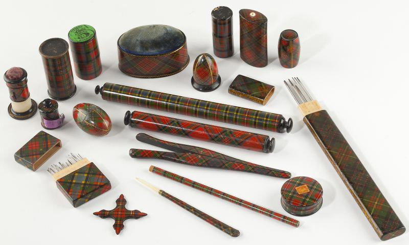 (19) Antique Tartanware Sewing Articles: (19) Antique Tartanware Sewing Articles 19th - early 20th century, to include items such as thread holders, thimble cases, a measuring tape and a pin cushion. 1.5 - 9 in. Private Collection, Pittsboro