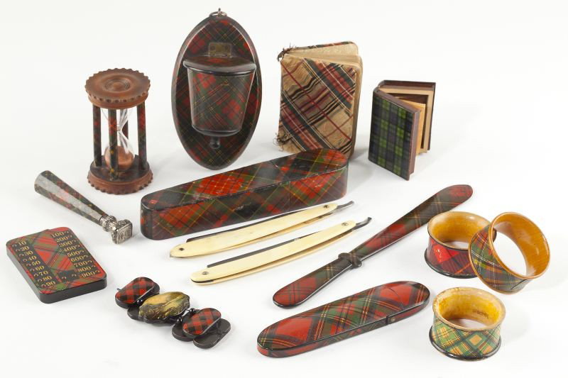 (13) Diverse Tartanware Articles: (13) Diverse Tartanware Articles late 19th - early 20th century, to include: an egg timer; razor holder; letter opener; (3) napkin rings; bracelet; miniature cased Bible; signet seal with silver tip; 