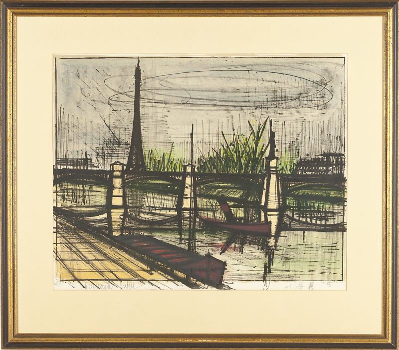 Bernard Buffet (Fr., 1928-1999), "Pont-du-Jour": Bernard Buffet (Fr., 1928-1999), "Pont-du-Jour" color lithograph on Rives paper, signed in pencil at lower left and numbered 45/150, published by Alain Mazo in 1962 and printed by Mourlot, matted and 