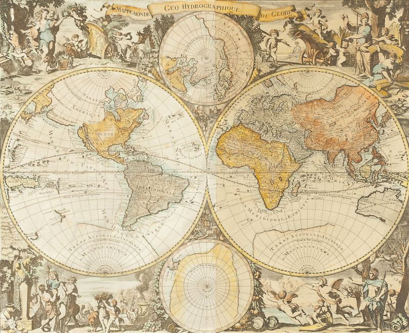 Gerard Valck Double-Hemisphere World Map: Gerard Valck Double-Hemisphere World Mapcopperplate engraving, MAPPE MONDE GEO HYDROGRAPHIQUE DU GLOBE, Amsterdam, late 17th century, hand-colored with allegorical scenes depicting each of the four se