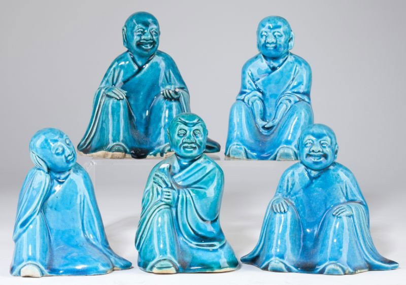 Five Chinese Turquoise Glazed Figures: Five Chinese Turquoise Glazed Figures export porcelain, early 20th century, modeled as seated men, several with four-character mark to bottom. Approximate height 4.5 in. Estate of the late Norman Cain