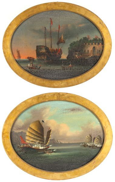Pair of China Trade Paintings, 19th century: Pair of China Trade Paintings, 19th century oil on canvas, unsigned, the first depicting warring junks with Chinese sailors, the second depicting a western ship docked before a stone fort, both painte