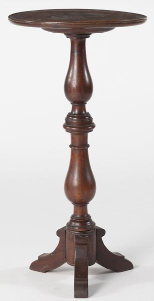 Italian Dish Top Candlestand: Italian Dish Top Candlestand 19th century, walnut, having a rotating top with raised molded edge over a ring-turned double baluster standard, short carved splayed feet. 31x 15 x 15.5 in. Estate of the