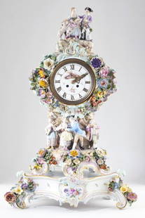 Meissen Porcelain Figural Clock & Stand: Meissen Porcelain Figural Clock & Stand19th century, the clock decorated with flowers and figures in 18th century dress, with conforming stand, both with crossed swords mark in underglaze blue.Clock 2