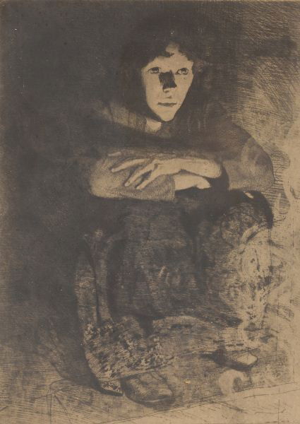 Albert Besnard (Fr., 1849 - 1934), Etching: Albert Besnard (Fr., 1849 - 1934), Etching"Dans les cendres," signed in pencil on lower right margin, presented in a wooden frame.SS 16.5 x 11.75 in.; DOA 23.5 x 18 in.The Estate of the late Dr. John