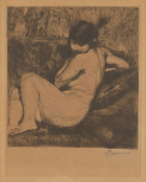Albert Besnard (Fr., 1849 - 1934), Etching: Albert Besnard (Fr., 1849 - 1934), Etching"Le Turban ou l'Airette," pencil signed lower right margin, behind mat in plain wooden frame, sealed backing by Center Gallery, Sarasota, Florida dated 1968,