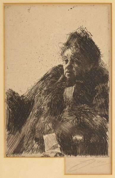 Anders Zorn (Swedish, 1860 - 1920), "Madame Simon": Anders Zorn (Swedish, 1860 - 1920), "Madame Simon"etching, pencil signed "Zorn" in lower right margin, sheet with WLD monogram, presented in a vintage gilt frame, the mat cut away to reveal the signat