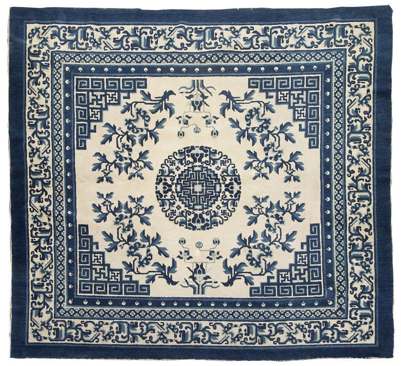 Chinese Art Deco Area Rug: Chinese Art Deco Area Rug circa 1930, blue and white with central medallion, Greek key and solid border. 6' 3" x 5' 7" The Estate of the late Dr. John and Mrs. Lorna Lamont, Boston, MA