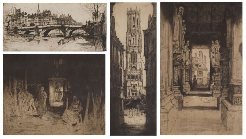 Four Works by Sir David Young Cameron (1865-1945): Four Works by Sir David Young Cameron (1865-1945)each an etching and drypoint on paper, each pencil signed, titles include "The Wine Farm," "Le Pont Neuf," "Chartres," and "The Belfry of Bruges." Each