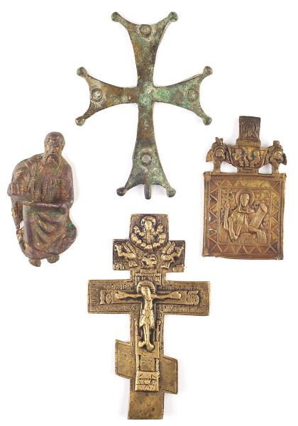 Four Eastern Christian Bronze Articles: Four Eastern Christian Bronze Articles the first a Byzantine processional Latin cross, circa 1000 - 1200 A.D., with flared arms terminating in knob finials, tang on the base (4.75 in.); the second a f
