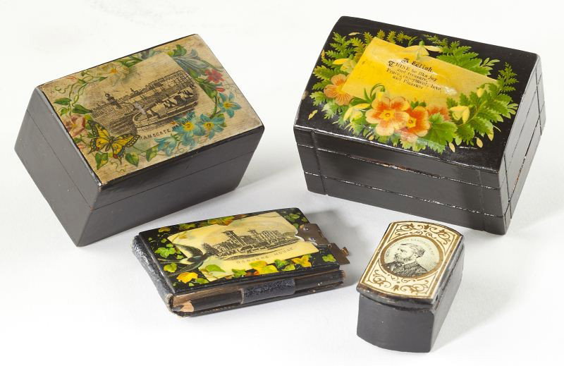 Four Pieces of Victorian Souvenir Lacquerware: Four Pieces of Victorian Souvenir Lacquerware transfer scenes to include: Ramsgate Harbour on a lidded box; Osborne House on a notepad's cover; the Rt. Hon. Marquis of Hartington, M.P. on a small lidd