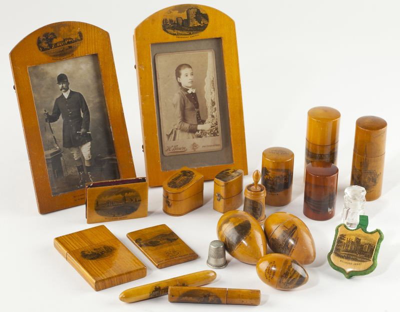 (18) Articles of Transfer Souvenir Woodware: (18) Articles of Transfer Souvenir Woodware American and British, late 19th - early 20th century, to include: (2) picture frames showing Pevensey Castle and Mossgiel, Mauchline respectively; card case