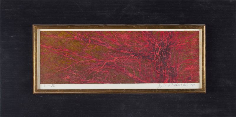 Joichi Hoshi (Japanese, 1913 - 1979), Woodblock: Joichi Hoshi (Japanese, 1913 - 1979), Woodblock pencil signed and dated "'73" in lower right margin, depicts a red tree against a golden background. Presented in a gold-toned frame mounted to a board 