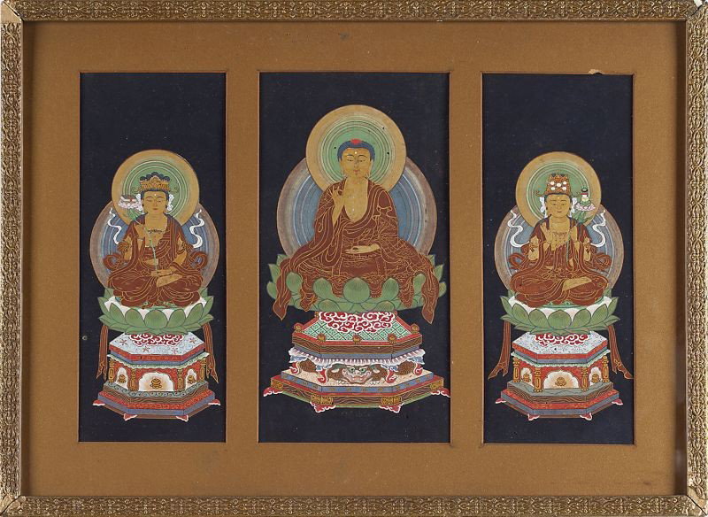 Chinese Buddhist Painting, 19th century: Chinese Buddhist Painting, 19th century ink and colors on silk, a central panel depicts the Buddha seated on a lotus throne, flanked by bodhisattvas, also seated on lotus thrones. Matted and framed un