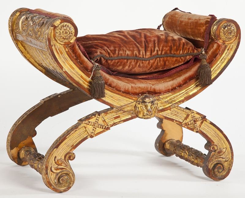 Italian Empire Cruciform Gilt Wood Bench: Italian Empire Cruciform Gilt Wood Bench circa 1800, carved and parcel gilt gesso wood frame, dish form seat with scrolled sides and applied rosettes to arm rests, the whole raised on cruciform suppor