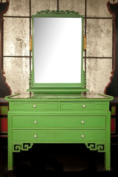 Painted Chinese Style Dresser with Mirror: Painted Chinese Style Dresser with Mirrorcirca 1920s, green painted teak wood, plate mirror top, two-over-two drawers, carved fret work bracket, rectangular wall mirror with a carved valence, drop tas