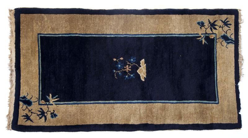 Chinese Nichols Area Rug: Chinese Nichols Area Rugdark blue field, yellow border, floral pattern in color. Wool on cotton base.2 ft. 7 in. x 4 ft. 9 in.