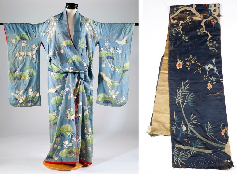 Silk Kimono: Silk Kimono blue silk field with floral and avian design elements and lined in red silk and accompanied with dark blue silk sash. Kimono 60 in.; Sash 16 x 88 in.