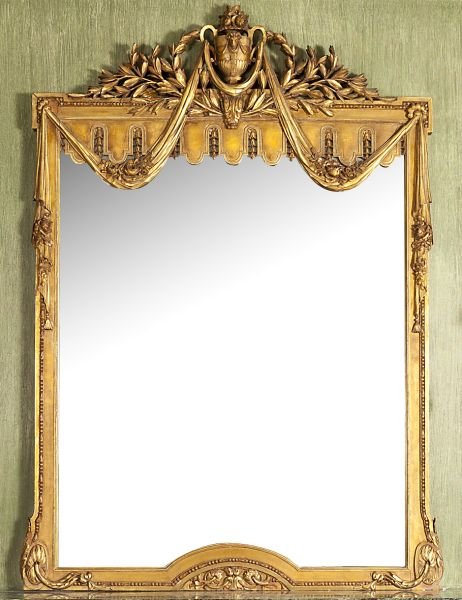 Florentine Neoclassical Style Pier Mirror: Florentine Neoclassical Style Pier Mirror 19th century, carved gilt wood frame, beaded and leaf motif, surmounted by foliate urn, highlighted with satyrs, hung with carved and gilded drapery. 70 x 49 