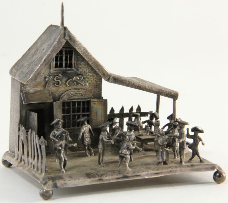 Dutch Silver Miniature Tavern Scene: Dutch Silver Miniature Tavern Scene with export mark; a lively group of figures cavorts in the tavern yard, on rectangular base, raised on four ball feet. 3.25 x 4 x 3.25 in. 4.9 troy oz.