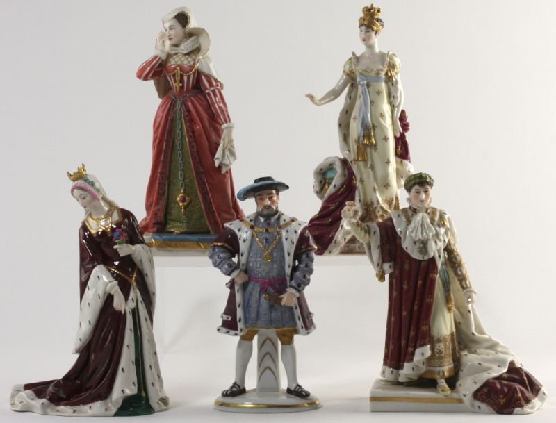 Five Antique Continental Porcelain Figurines: Five Antique Continental Porcelain Figurines including King Henry VIII, Jane Seymour, Catherine Howard, Mary Stuart, Catherine of Aragon. 8 in. all