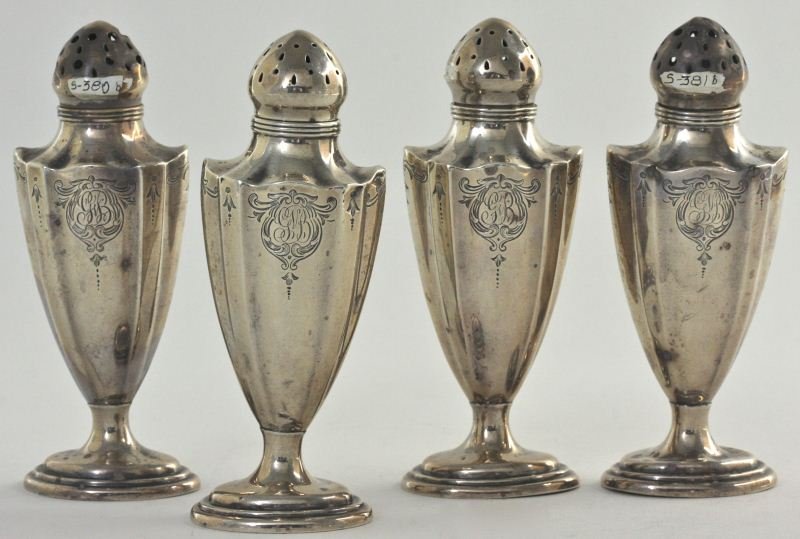 Set of Four Sterling Salt and Pepper Shakers: Set of Four Sterling Salt and Pepper Shakers monogrammed "JB," by Gorham. 4.75 in. 3.45 total troy oz.