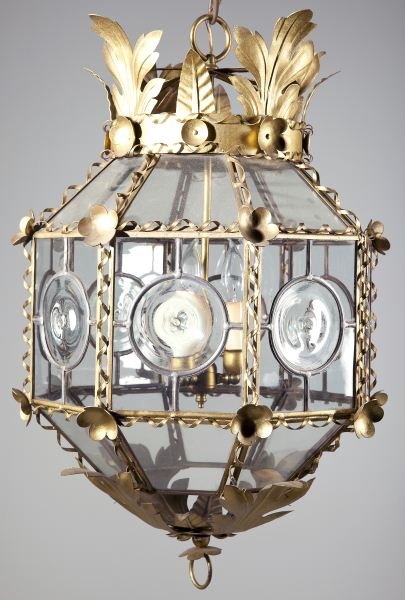 Venetian Style Hanging Light Fixture: Venetian Style Hanging Light Fixture octagonal form with Bull's Eye clear glass inserts, in gilt metal frame with leaf decoration. DOA: 37 x 17 in.