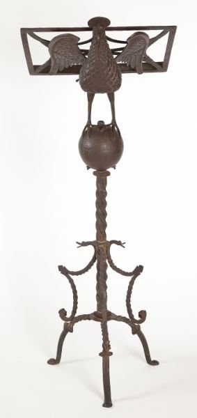 Rare Spanish Wrought Iron Missal Book Stand: Rare Spanish Wrought Iron Missal Book Stand 18th century, hand hammered liturgical pierced tray resting atop the spread wings of a full bodied eagle perched upon a sphere, supported by a spiral twist 