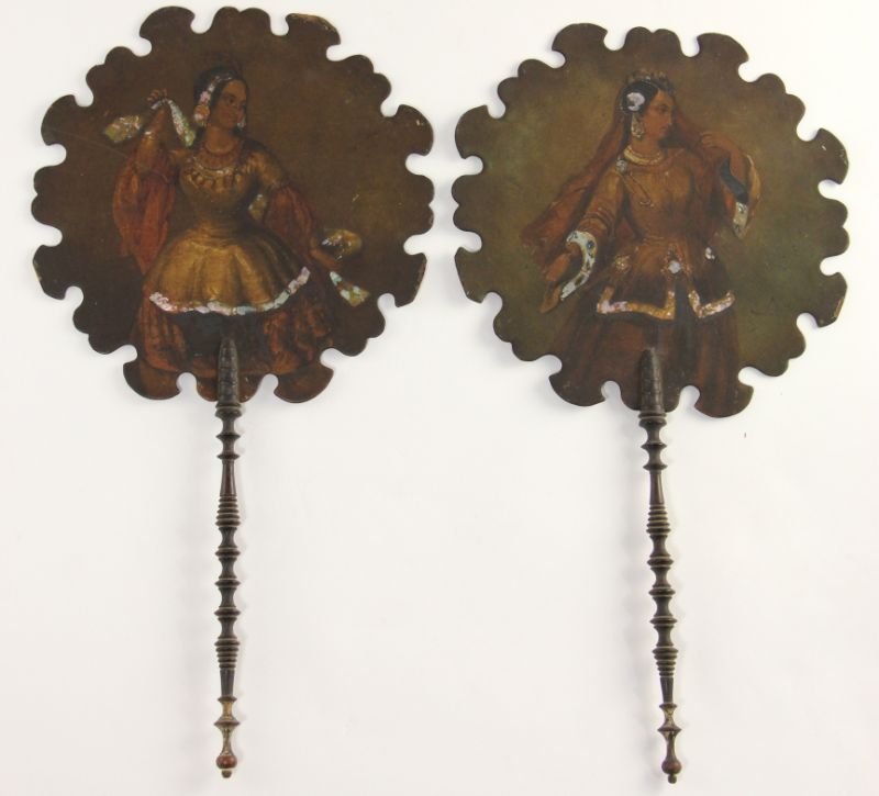 Two Antique Lady's Orientalist Fans: Two Antique Lady's Orientalist Fans mid 19th century, circular foliate form fan decorated with women in exotic dress with inset mother-of-pearl detail, both with finely turned ebonized wood handle. 17