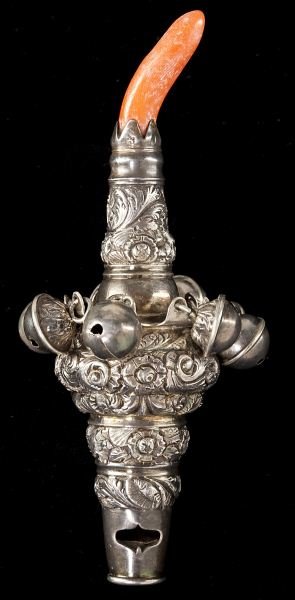 English Victorian Sterling Whistle/Rattle: English Victorian Sterling Whistle/Rattle circa 1885, Birmingham, scrolling leaf and floral motif in repousse, (8) miniature bells and coral teether, makers mark: T & P. 4.75 in. 2.05 troy oz.