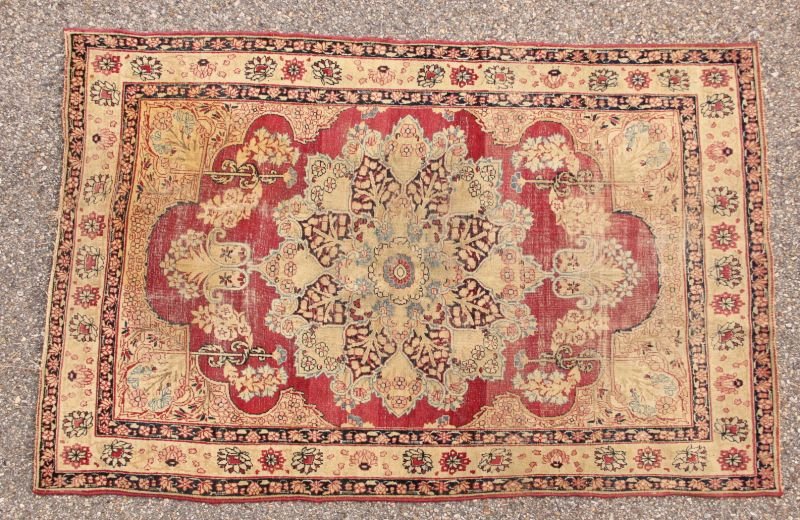 Antique Kazak Area Rug: Antique Kazak Area Rug center medallion, red and cream background, border with rosettes. Wool on cotton base. 3'10" x 5'10"