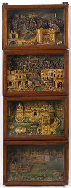 Set of Four Antique Biblical Dioramas: Set of Four Antique Biblical Dioramas 19th century or earlier, each presented in a rectangular mahogany frame under glass, scenes include: the Nativity scene, the Flight into Egypt, a scene with saint