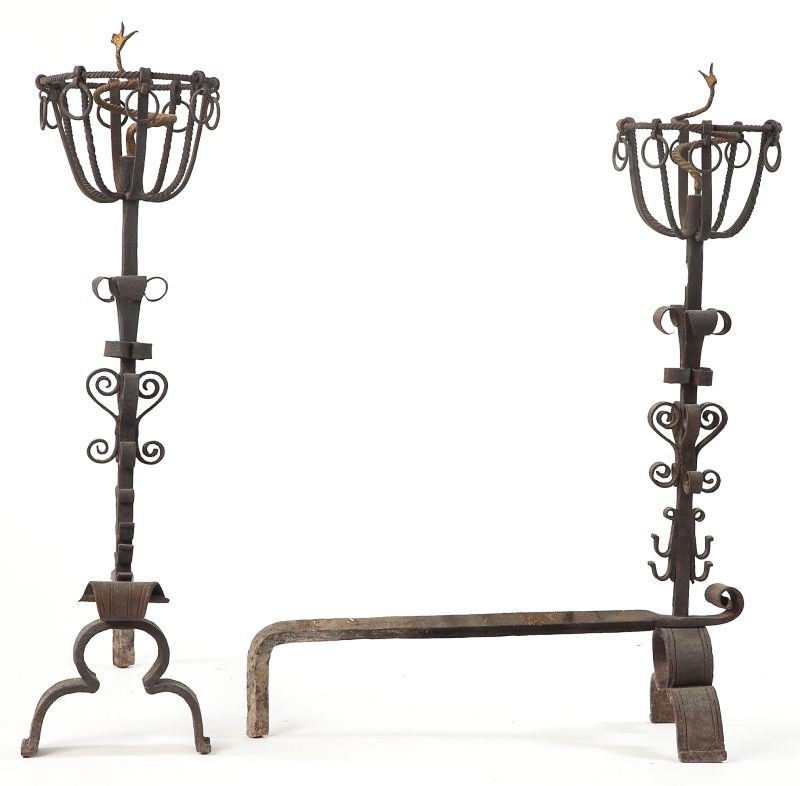 Pair of Victorian Andirons: Pair of Victorian Andirons wrought iron, trefoil base, square shaft with hooks and decorations, centered with gilded serpent decoration. 40 in. high