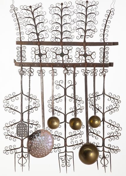 Spanish Wrought Iron Kitchen Utensils with Frame: Spanish Wrought Iron Kitchen Utensils with Frame 18th century, with nine hooks and utensils including skimmers, ladles, forks, etc. 40 x 24 in.