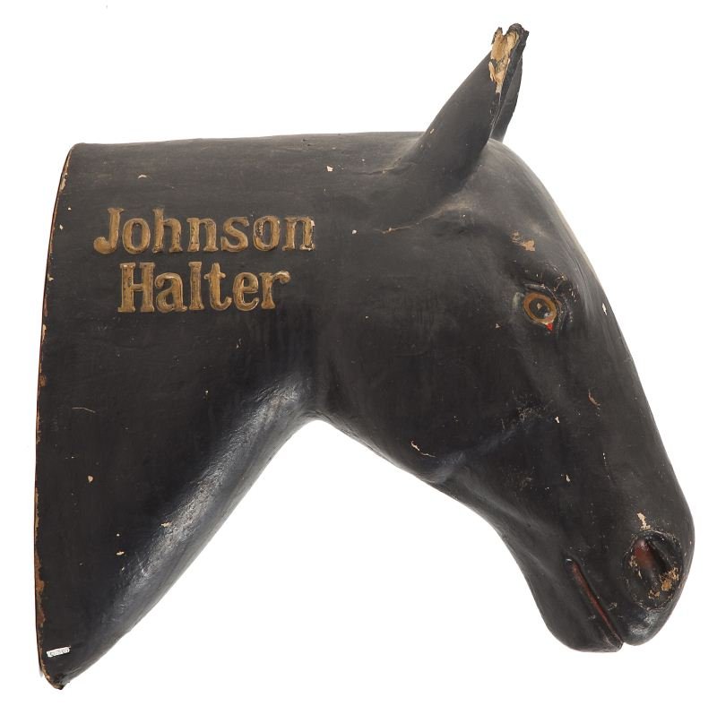 Tavern Advertising Sign of Horse Head: Tavern Advertising Sign of Horse Head early 20th century, black papier mache, inscribed "Johnson Halter." 17 x 20 in.