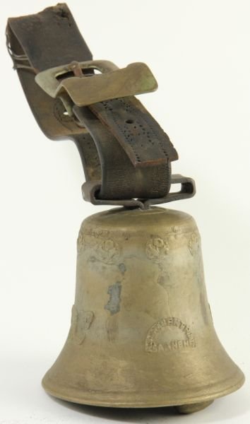 Antique Spanish Bronze Bell: Antique Spanish Bronze Bell including leather strap with brass buckle, signed. 17 x 6 in.