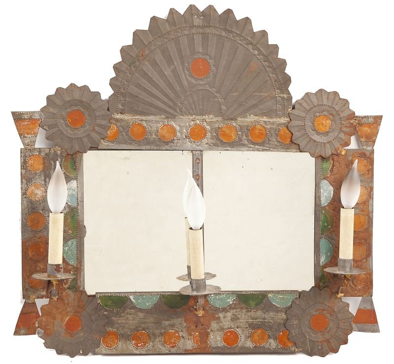 Mexican Painted Tin Light Fixture: Mexican Painted Tin Light Fixture rosette motif, two mirror panels, three candle holders, two of which flank the mirror, with the third being centered. 24.5 x 23.5 in.